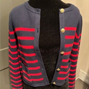 J Crew XS Navy and Red Striped Cardigan with Gold Buttons NWOT